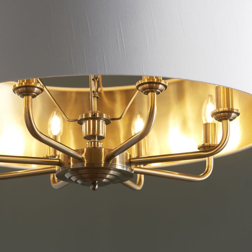 98938 Highclere 8 Light Pendant Antique Brass Plate & Vintage White Fabric