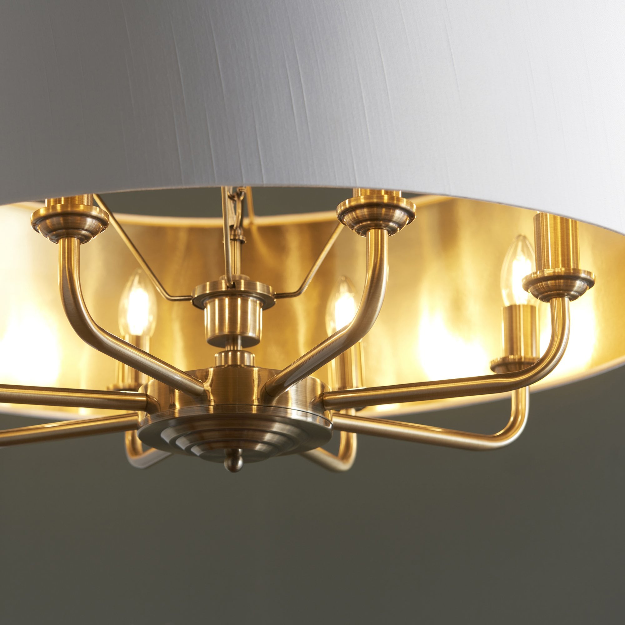 98938 Highclere 8 Light Pendant Antique Brass Plate & Vintage White Fabric