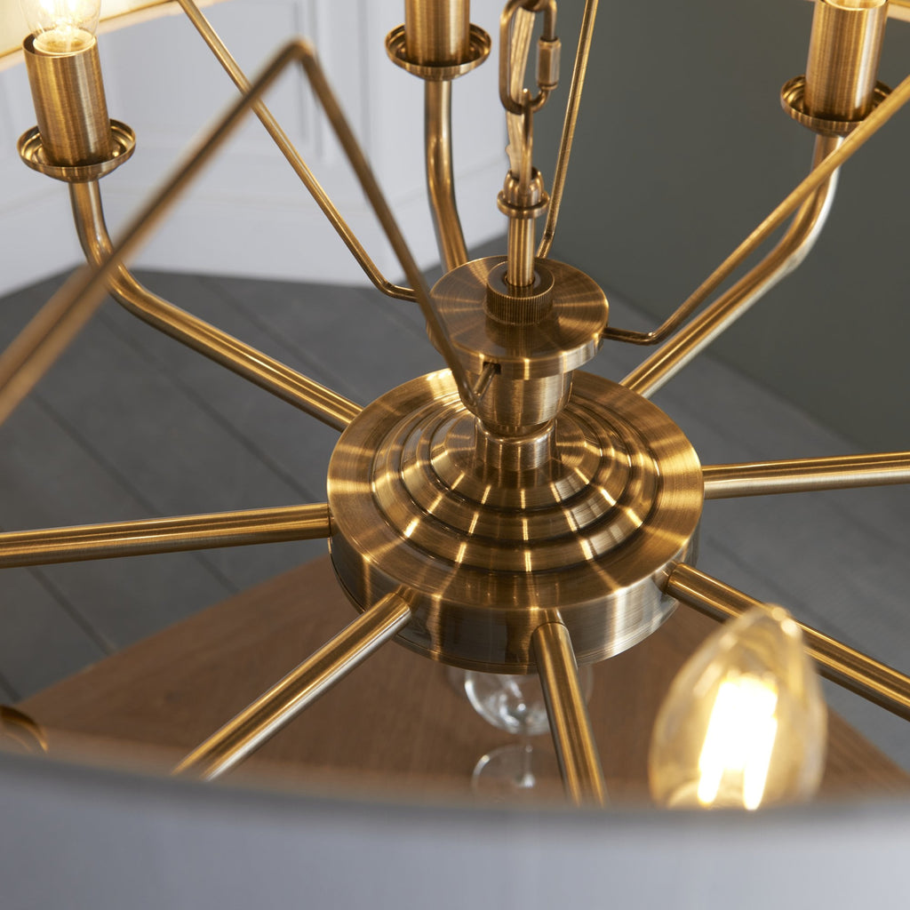 98938 Highclere 8 Light Pendant Antique Brass Plate & Vintage White Fabric