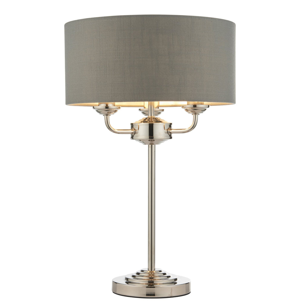 99149 Highclere 3 Light Table Lamp Bright Nickel Plate & Charcoal Fabric