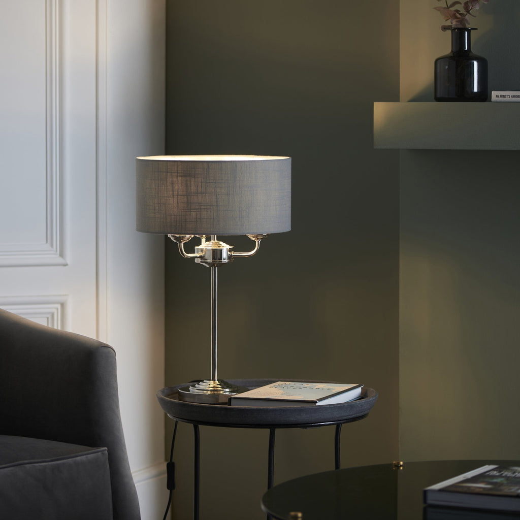 99149 Highclere 3 Light Table Lamp Bright Nickel Plate & Charcoal Fabric