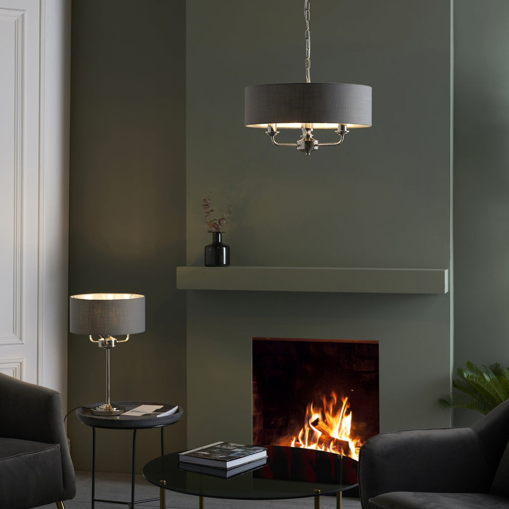 99149 Highclere 3 Light Table Lamp Bright Nickel Plate & Charcoal Fabric