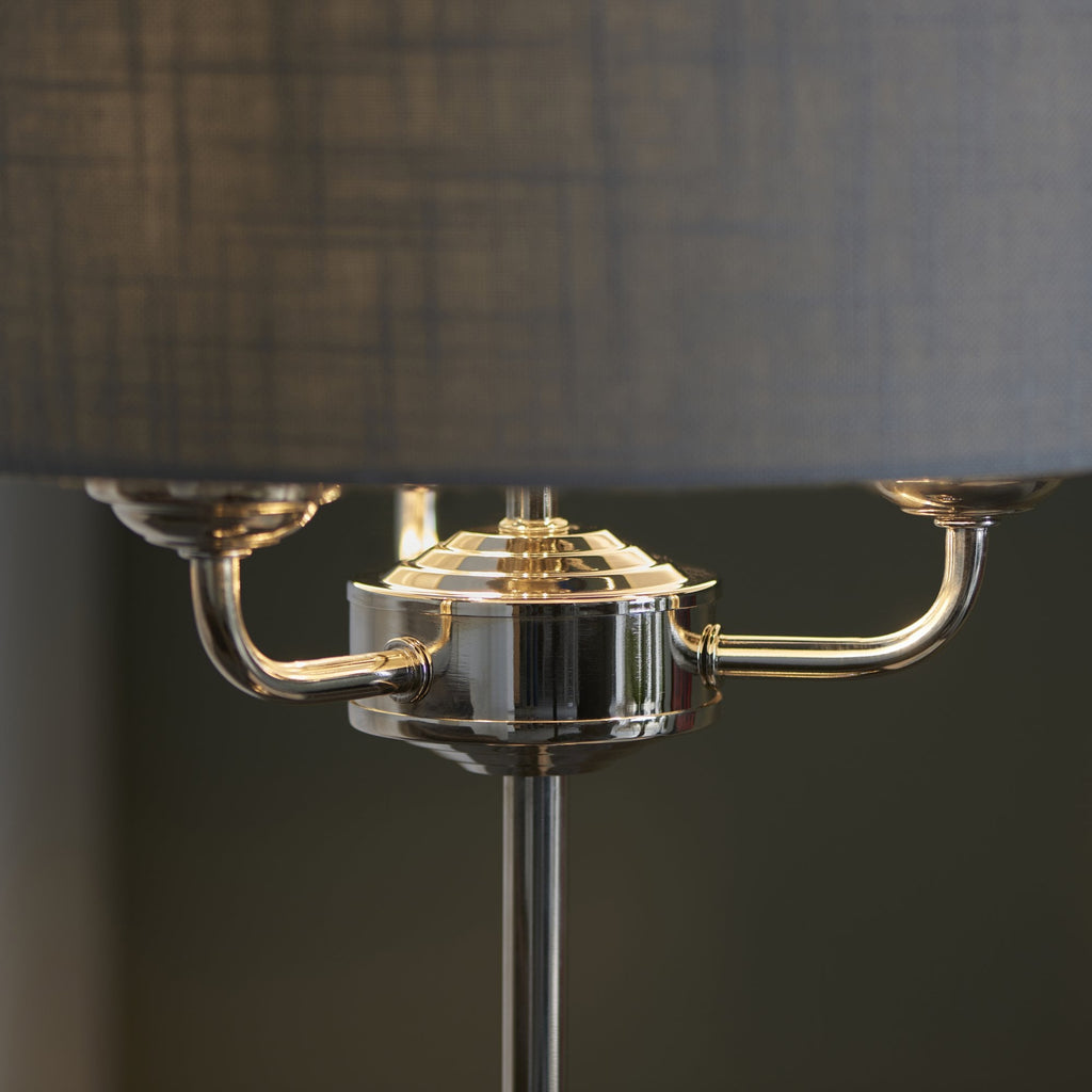 99149 Highclere 3 Light Table Lamp Bright Nickel Plate & Charcoal Fabric