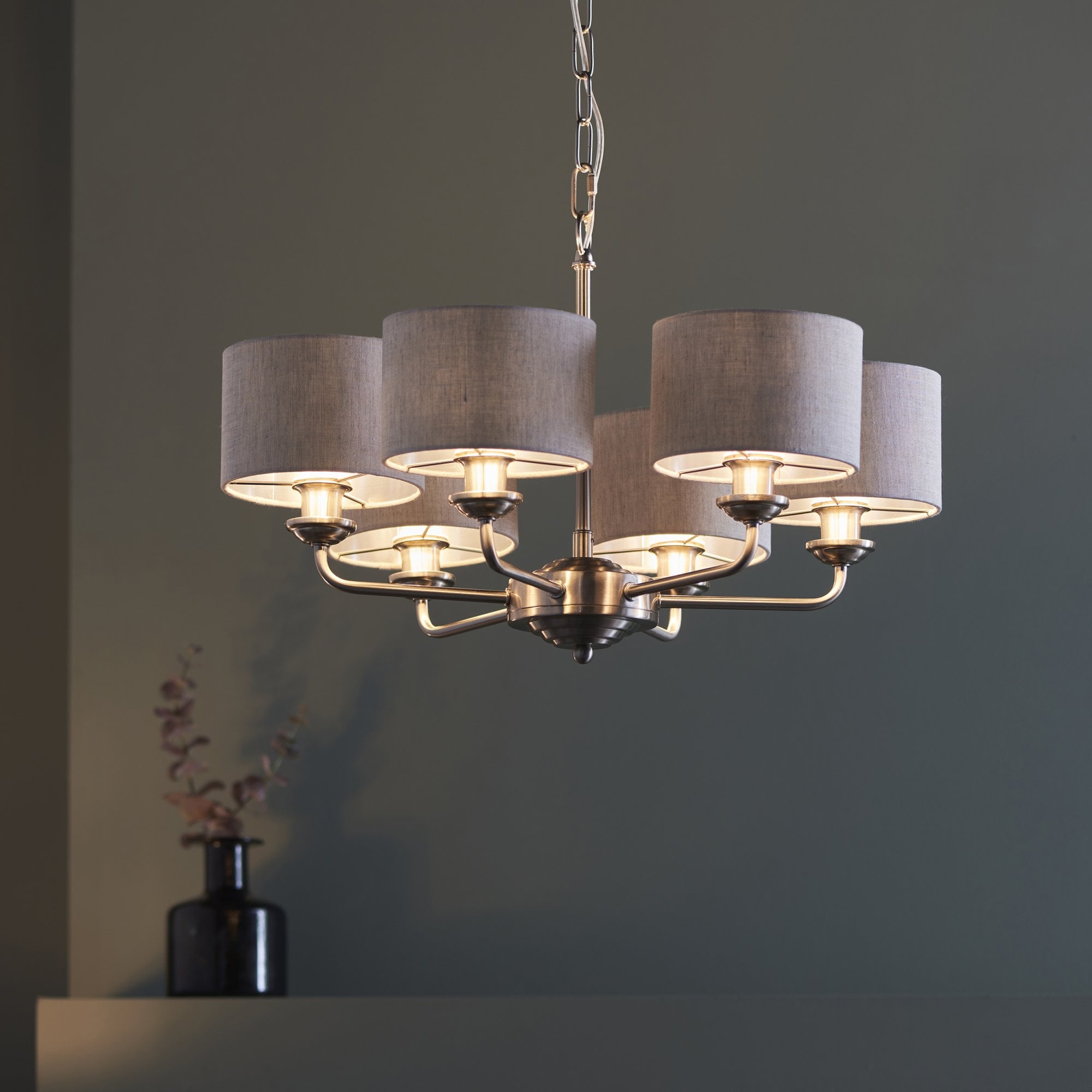 99151 Highclere 6 Light Pendant Brushed Chrome Plate & Natural Linen