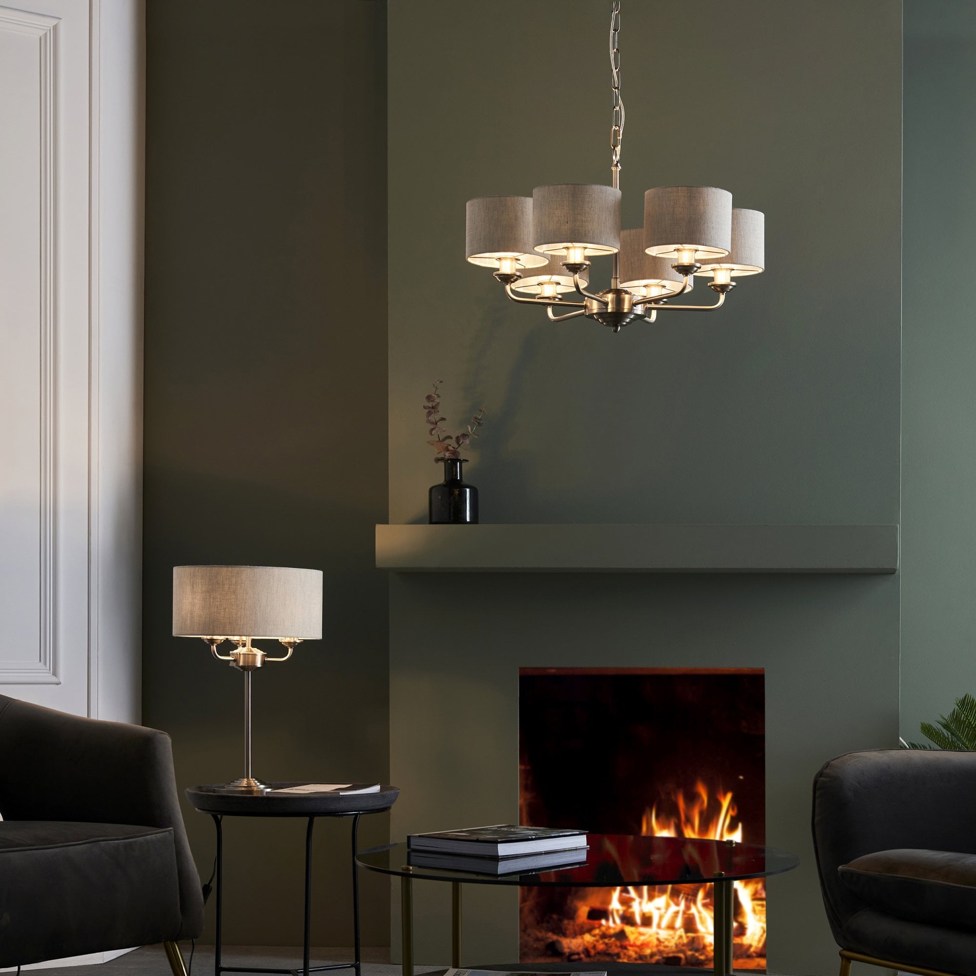 99151 Highclere 6 Light Pendant Brushed Chrome Plate & Natural Linen
