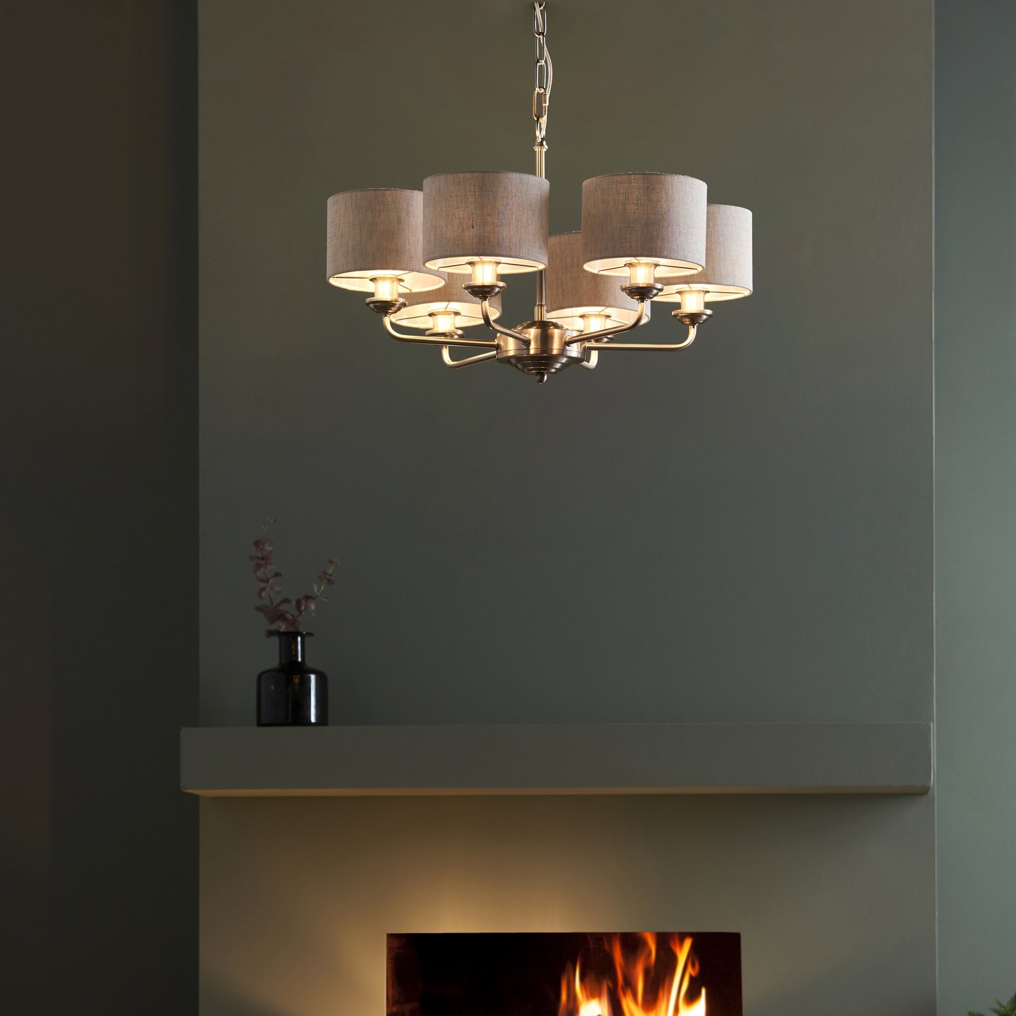 99151 Highclere 6 Light Pendant Brushed Chrome Plate & Natural Linen