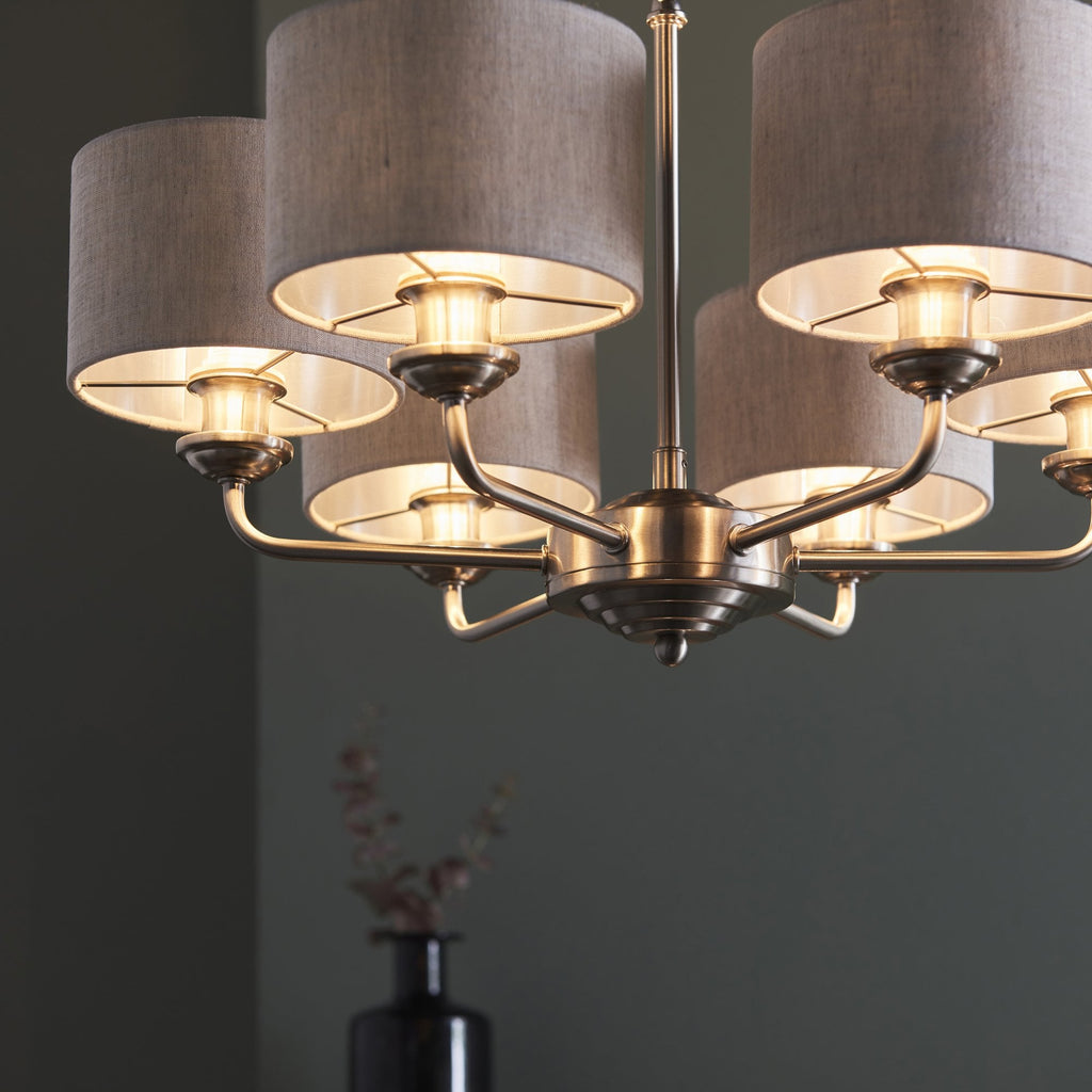 99151 Highclere 6 Light Pendant Brushed Chrome Plate & Natural Linen