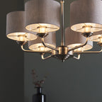 99151 Highclere 6 Light Pendant Brushed Chrome Plate & Natural Linen