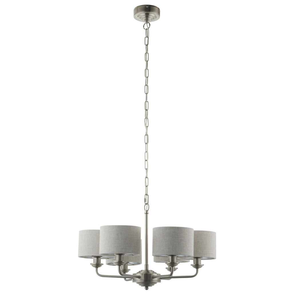99151 Highclere 6 Light Pendant Brushed Chrome Plate & Natural Linen