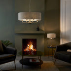 99152 Highclere 8 Light Pendant Brushed Chrome Plate & Natural Linen