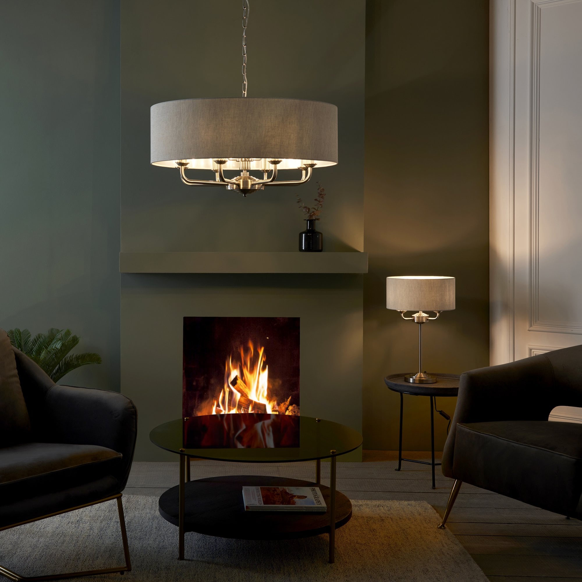 99152 Highclere 8 Light Pendant Brushed Chrome Plate & Natural Linen