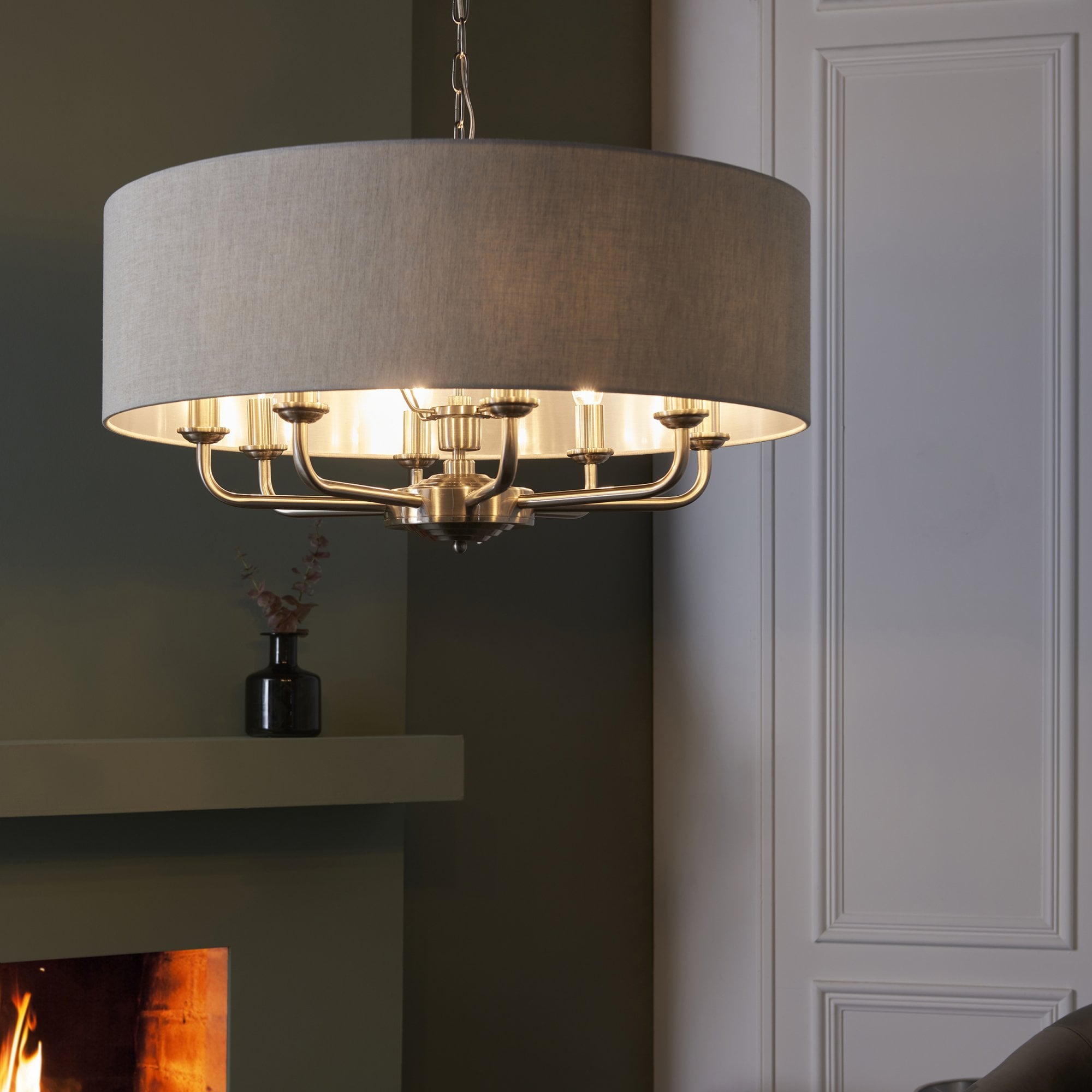 99152 Highclere 8 Light Pendant Brushed Chrome Plate & Natural Linen