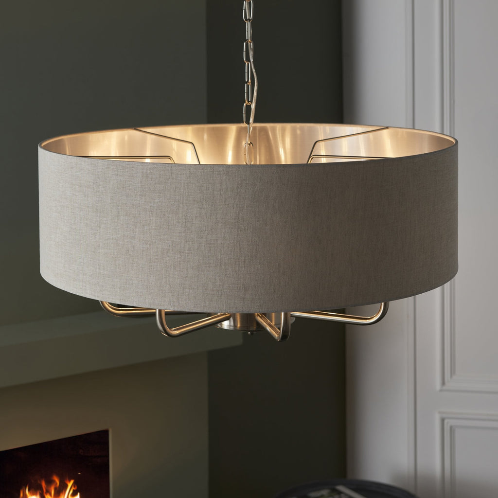 99152 Highclere 8 Light Pendant Brushed Chrome Plate & Natural Linen