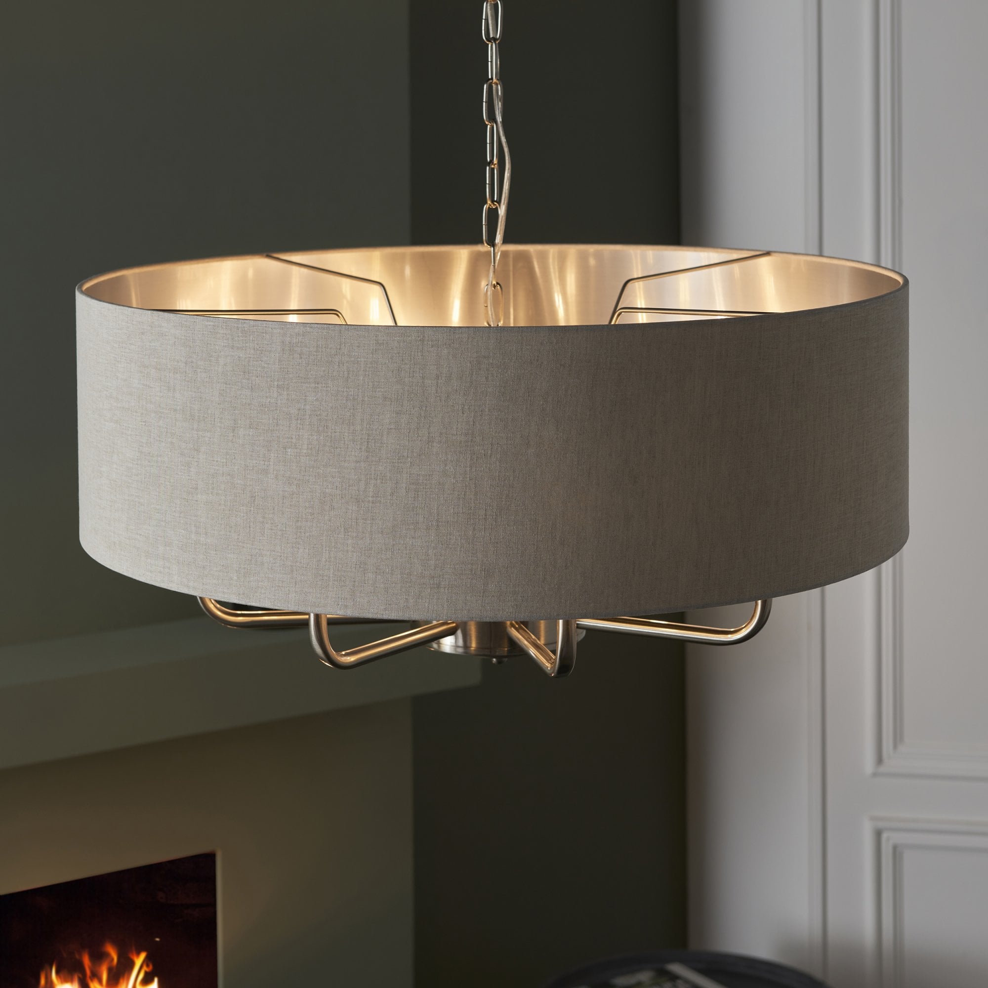 99152 Highclere 8 Light Pendant Brushed Chrome Plate & Natural Linen