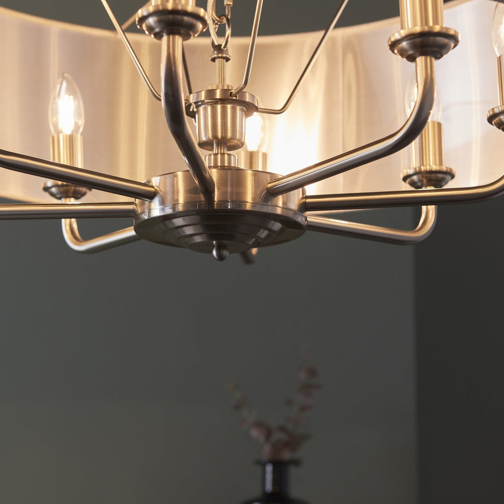 99152 Highclere 8 Light Pendant Brushed Chrome Plate & Natural Linen