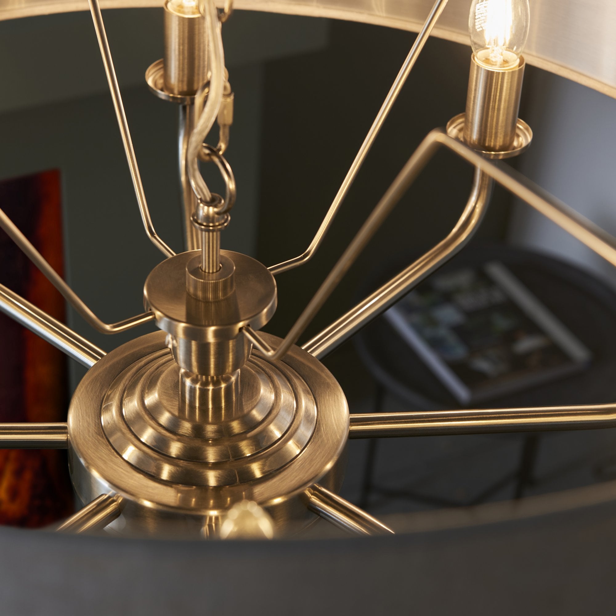 99152 Highclere 8 Light Pendant Brushed Chrome Plate & Natural Linen