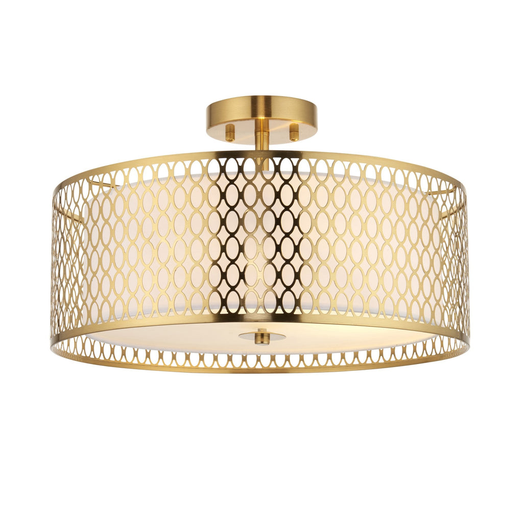 101568 Cordero 3 Light Flush Ceiling Light Gold Effect Plate, White Fabric & Frosted Glass