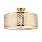 101568 Cordero 3 Light Flush Ceiling Light Gold Effect Plate, White Fabric & Frosted Glass