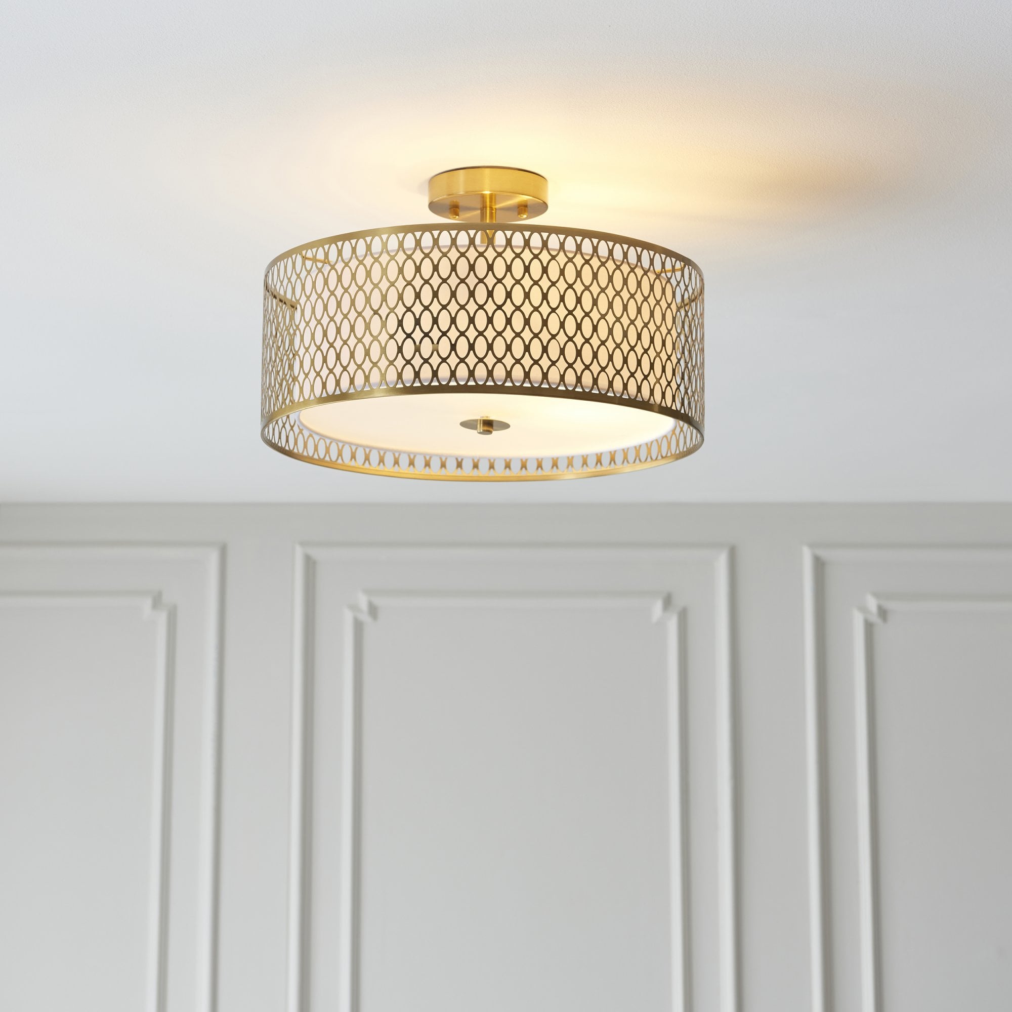 101568 Cordero 3 Light Flush Ceiling Light Gold Effect Plate, White Fabric & Frosted Glass