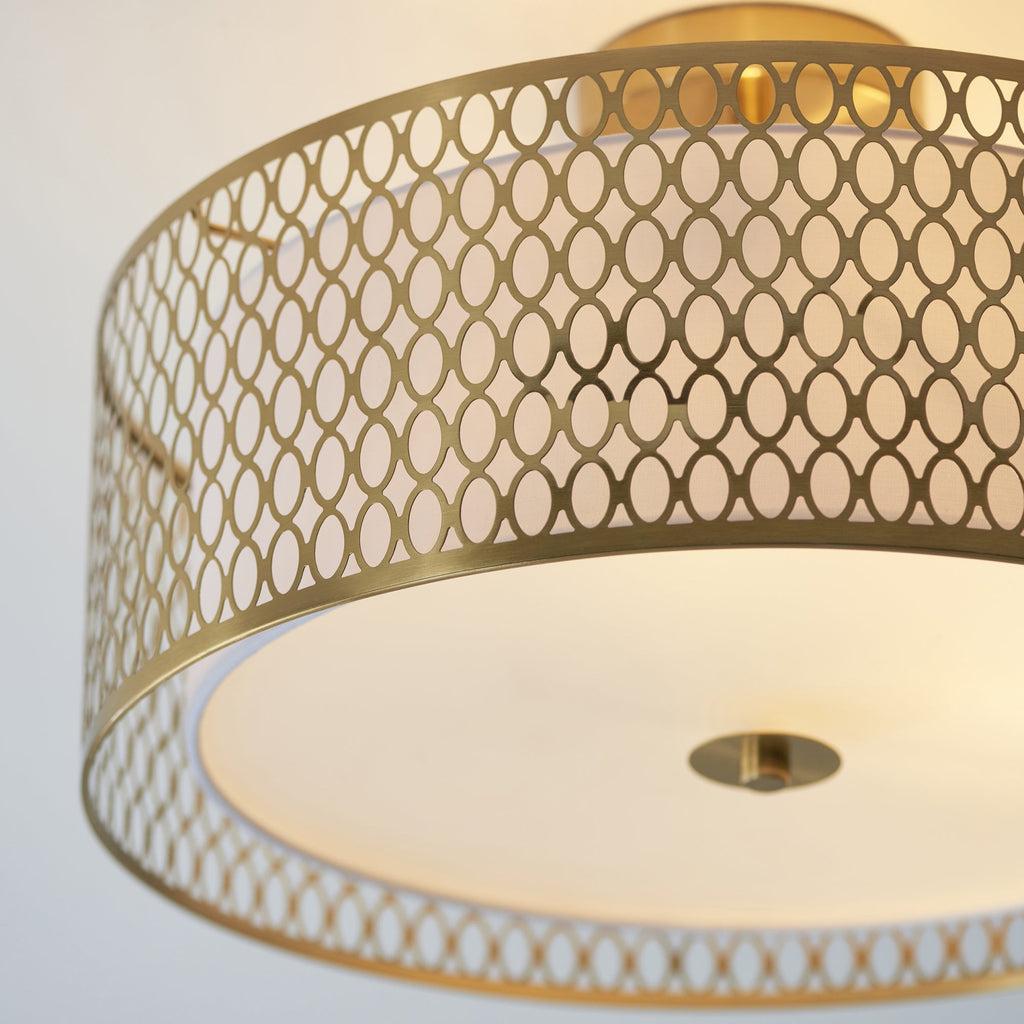 101568 Cordero 3 Light Flush Ceiling Light Gold Effect Plate, White Fabric & Frosted Glass
