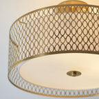 101568 Cordero 3 Light Flush Ceiling Light Gold Effect Plate, White Fabric & Frosted Glass