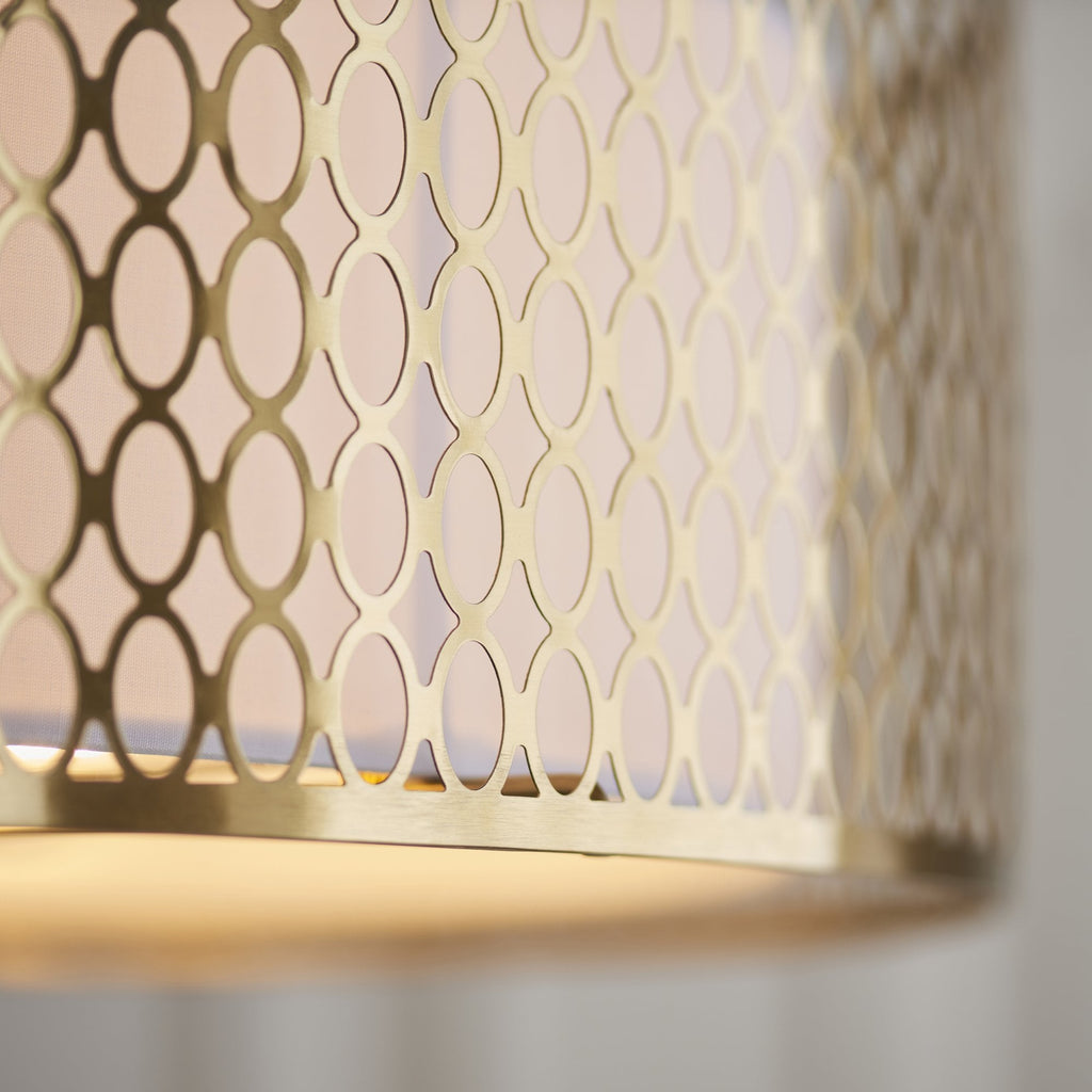 101568 Cordero 3 Light Flush Ceiling Light Gold Effect Plate, White Fabric & Frosted Glass