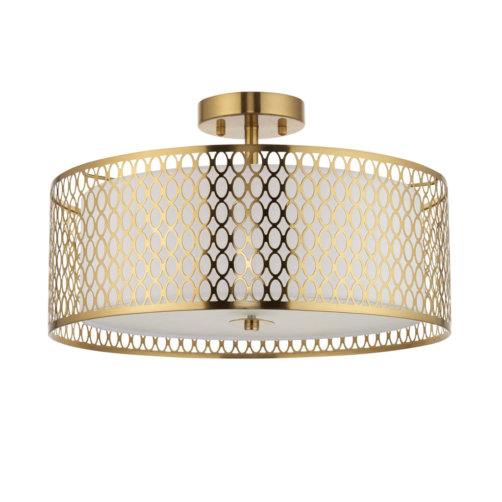 101568 Cordero 3 Light Flush Ceiling Light Gold Effect Plate, White Fabric & Frosted Glass