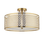 101568 Cordero 3 Light Flush Ceiling Light Gold Effect Plate, White Fabric & Frosted Glass