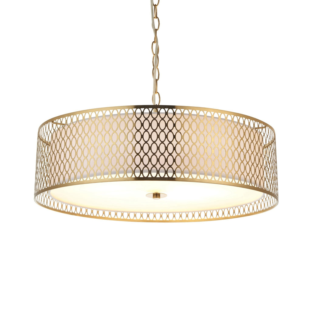 101569 Cordero 3 Light Pendant Gold Effect Plate, White Fabric & Frosted Glass