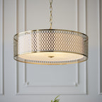 101569 Cordero 3 Light Pendant Gold Effect Plate, White Fabric & Frosted Glass