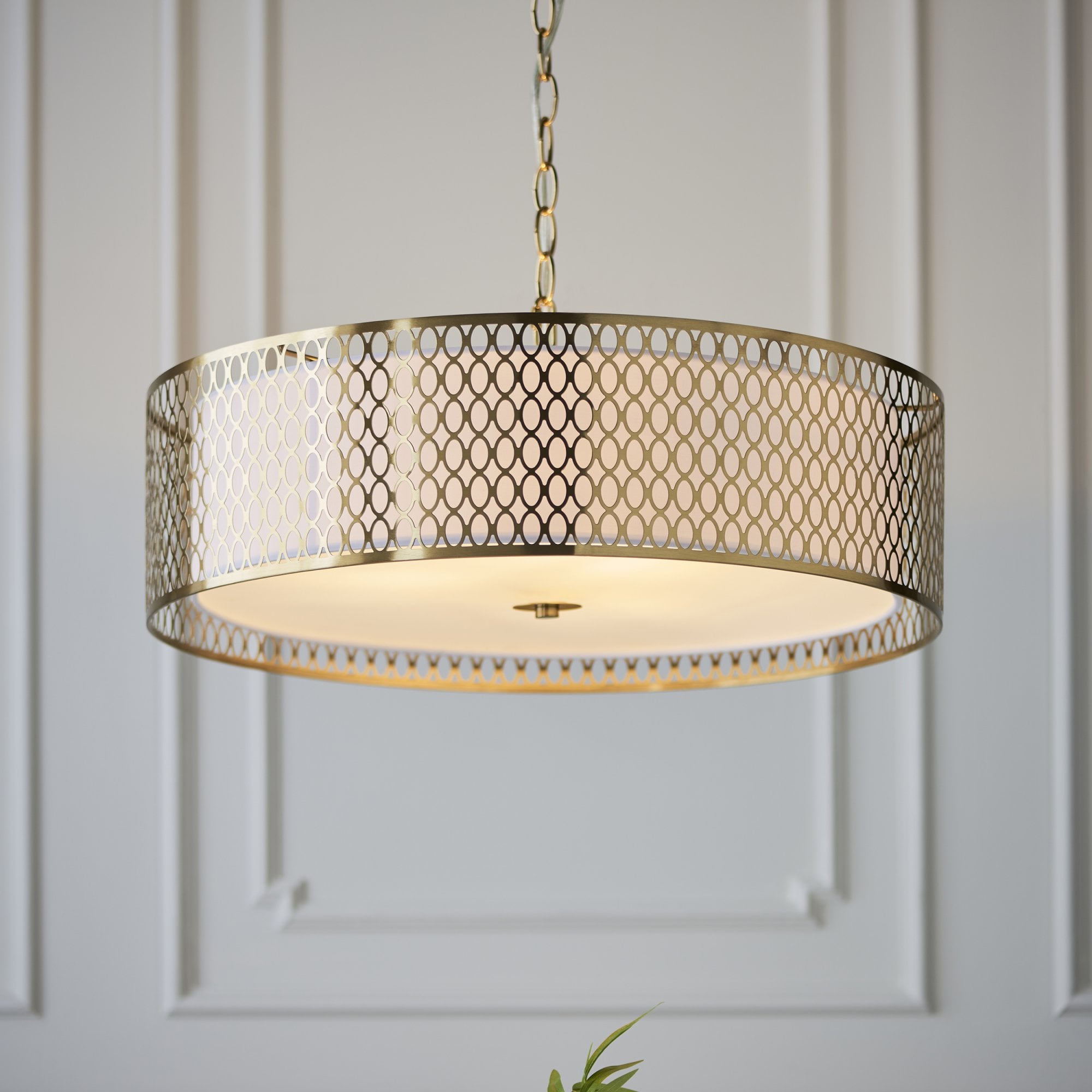 101569 Cordero 3 Light Pendant Gold Effect Plate, White Fabric & Frosted Glass