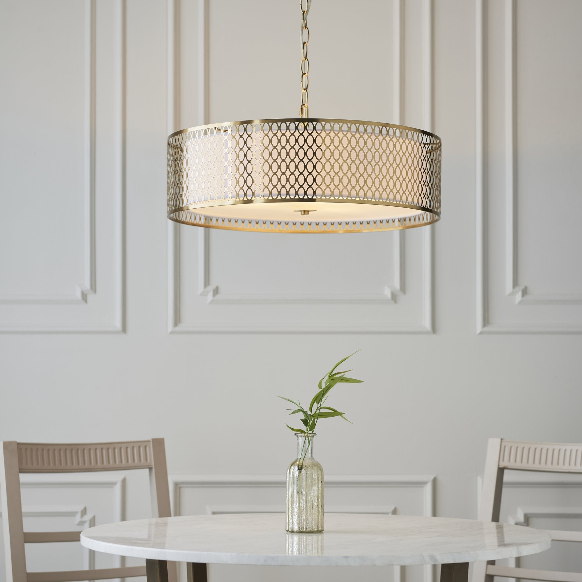 101569 Cordero 3 Light Pendant Gold Effect Plate, White Fabric & Frosted Glass