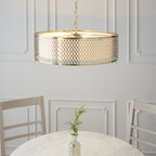 101569 Cordero 3 Light Pendant Gold Effect Plate, White Fabric & Frosted Glass