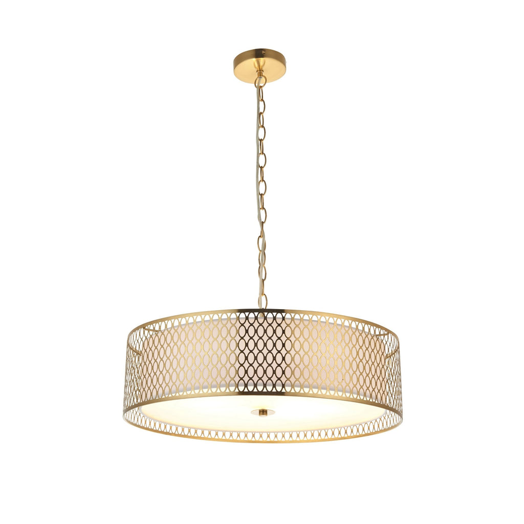 101569 Cordero 3 Light Pendant Gold Effect Plate, White Fabric & Frosted Glass