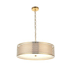 101569 Cordero 3 Light Pendant Gold Effect Plate, White Fabric & Frosted Glass