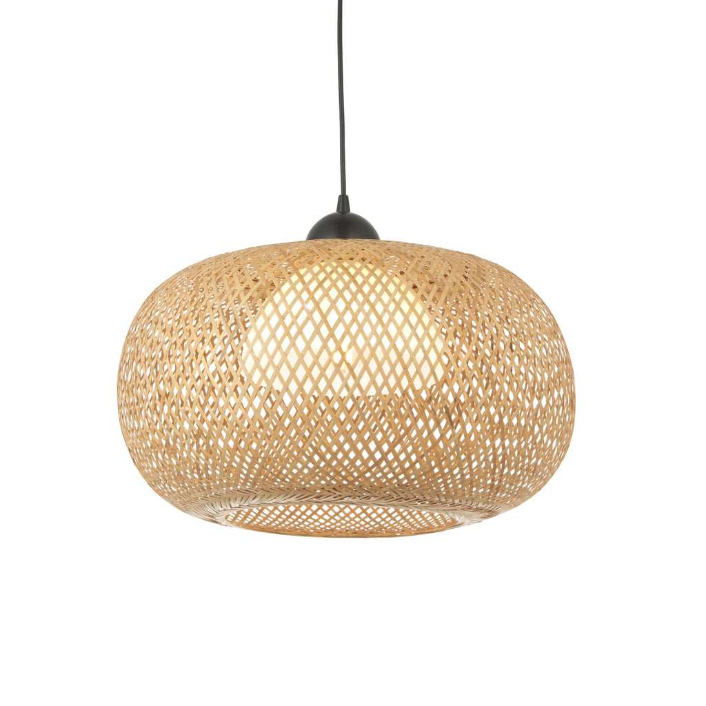 101572 Bali 1 Light Pendant Natural Bamboo, White Pc & Matt Black