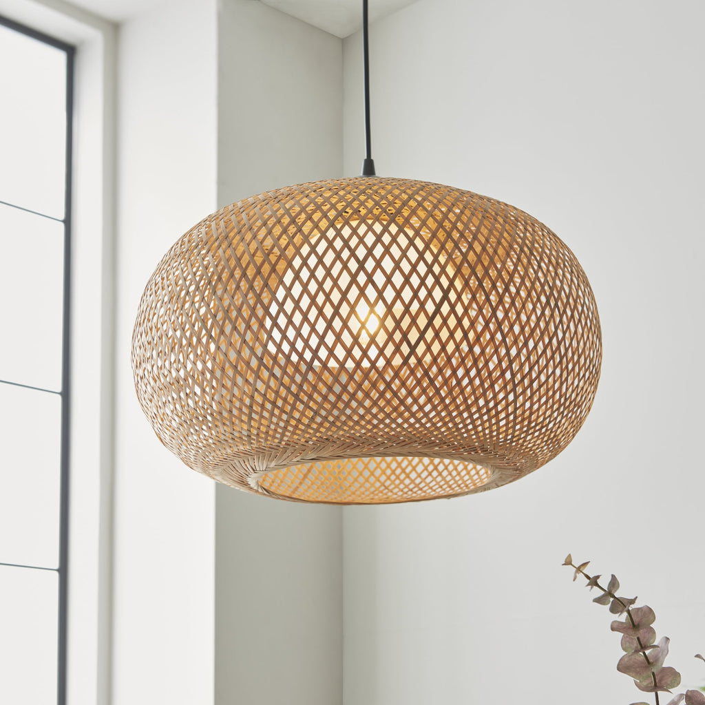 101572 Bali 1 Light Pendant Natural Bamboo, White Pc & Matt Black