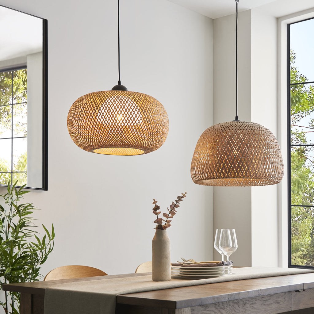 101572 Bali 1 Light Pendant Natural Bamboo, White Pc & Matt Black