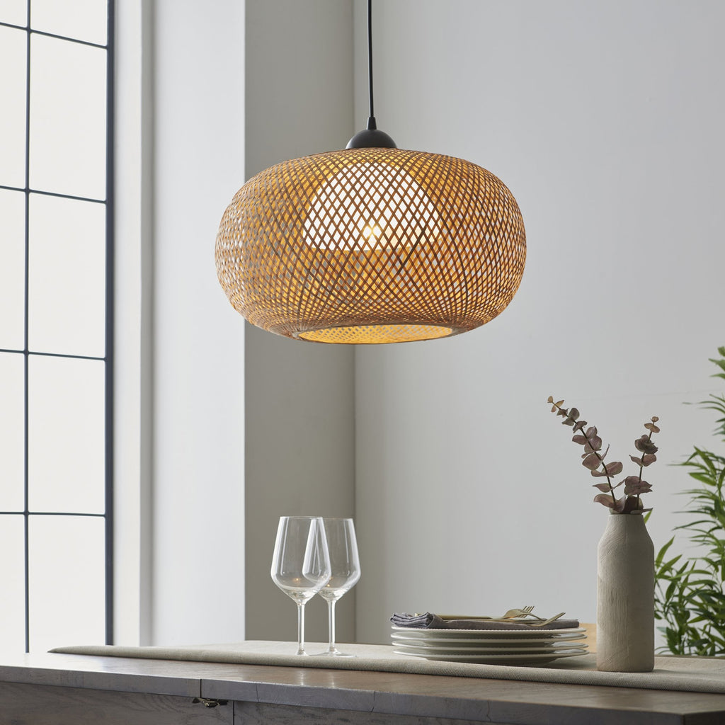 101572 Bali 1 Light Pendant Natural Bamboo, White Pc & Matt Black