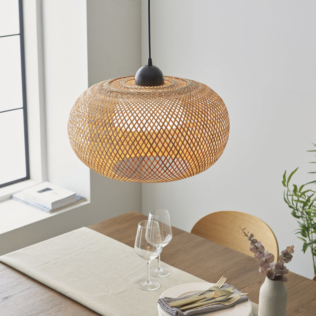 101572 Bali 1 Light Pendant Natural Bamboo, White Pc & Matt Black