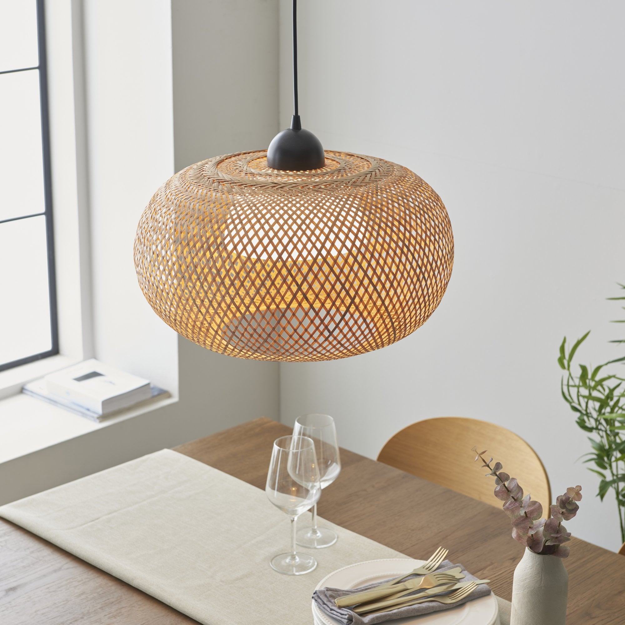 101572 Bali 1 Light Pendant Natural Bamboo, White Pc & Matt Black
