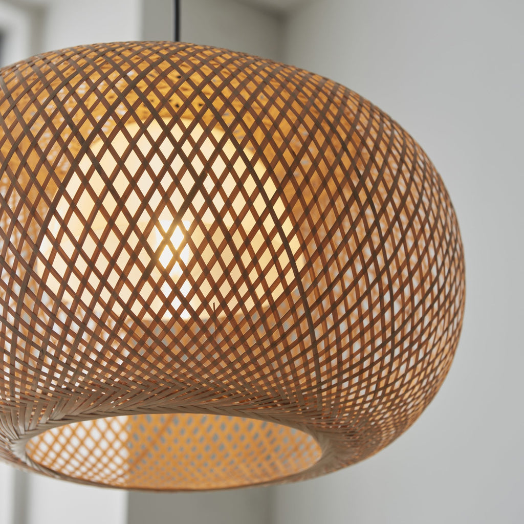 101572 Bali 1 Light Pendant Natural Bamboo, White Pc & Matt Black