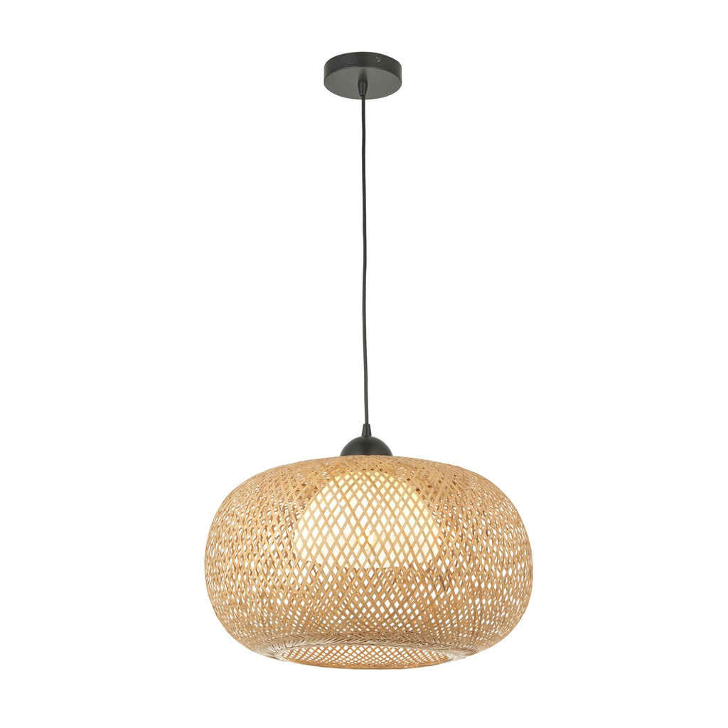 101572 Bali 1 Light Pendant Natural Bamboo, White Pc & Matt Black