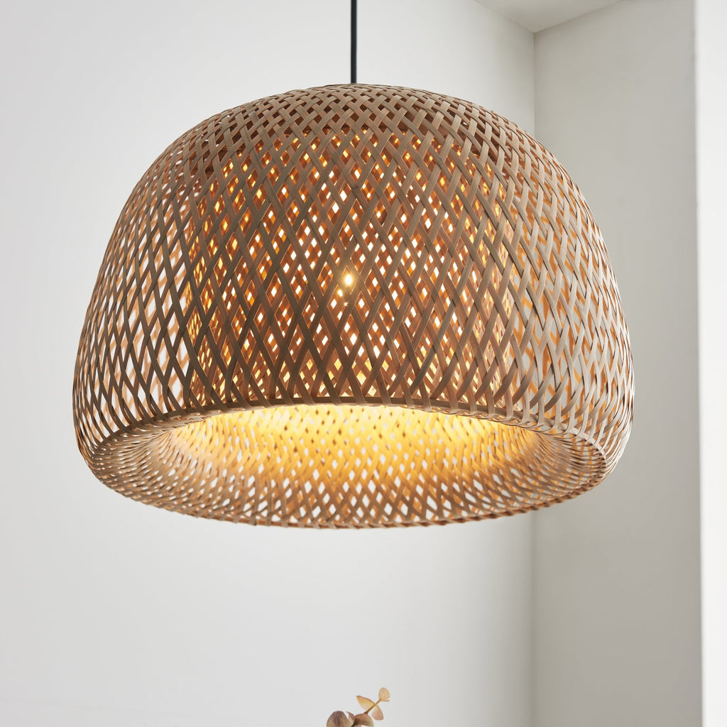 101574 Bali 1 Light Pendant Natural Bamboo, White Pc & Matt Black