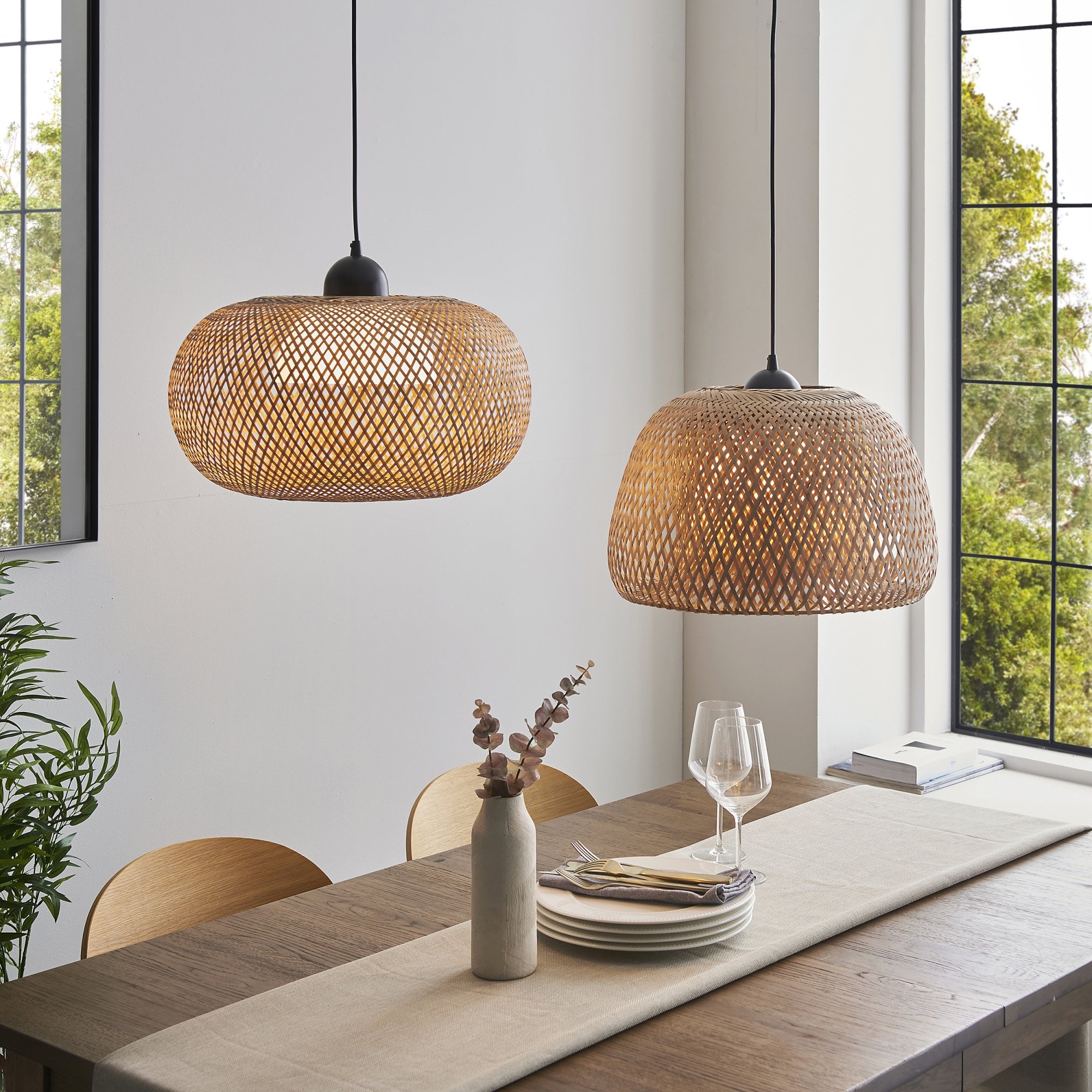 101574 Bali 1 Light Pendant Natural Bamboo, White Pc & Matt Black