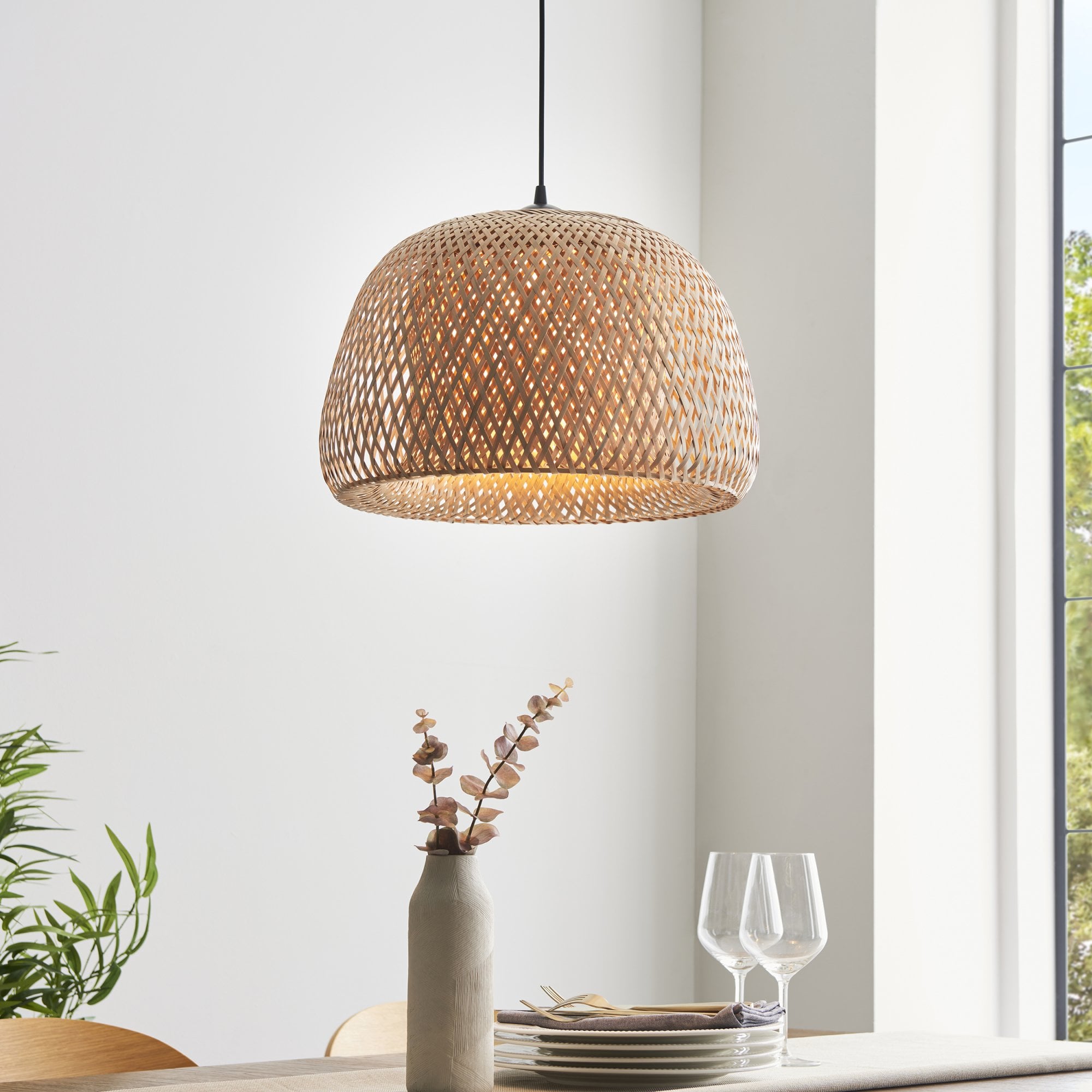 101574 Bali 1 Light Pendant Natural Bamboo, White Pc & Matt Black