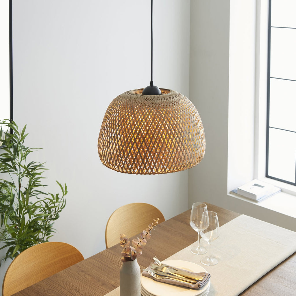 101574 Bali 1 Light Pendant Natural Bamboo, White Pc & Matt Black