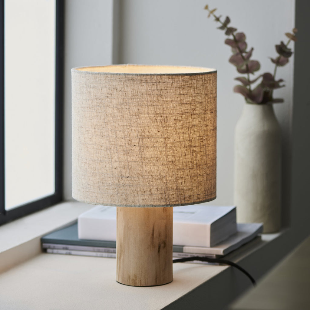 101680 Durban 1 Light Table Lamp Natural Eucalyptus Wood & Natural Linen