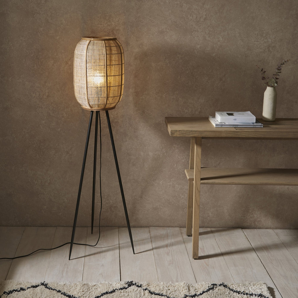 101687 Zaire 1 Light Floor Lamp Natural Linen, Natural Bamboo & Matt Black