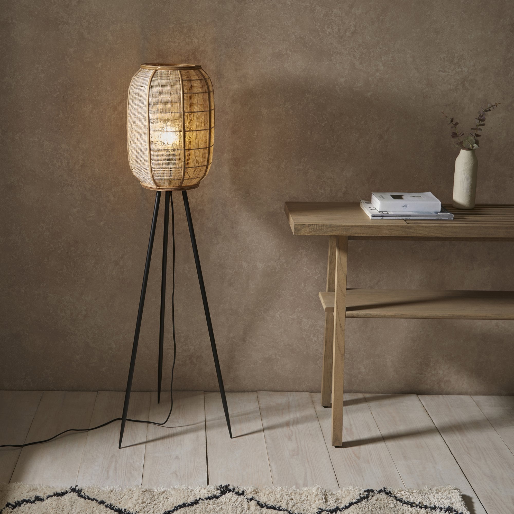 101687 Zaire 1 Light Floor Lamp Natural Linen, Natural Bamboo & Matt Black